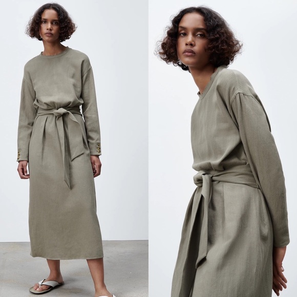 Zara Dresses & Skirts - Zara LINEN BLEND MIDI DRESS w/ Tie Belt Green NEW